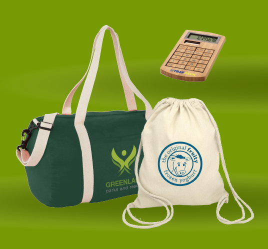 nachhaltige Produkte Taschenrechner Turnbeutel und Reisetasche