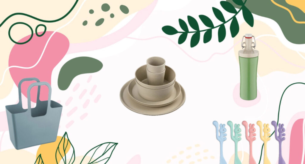 Das Titelbild zum Blogbeitrag 'Werbeideen für den Frühling 2025 🌱 ' von RGP Werbemittelteam aus Berlin zeigt eine grafische Komposition von natürlichen Werbemitteln aus natürlichen Materialien wie Geschirr oder eine Tasche in natürlichen PastellTönen