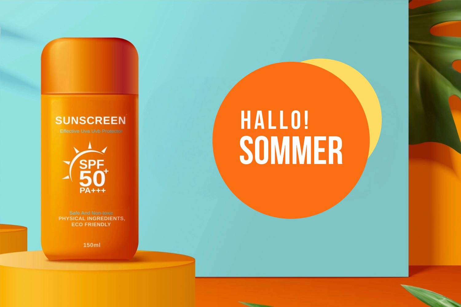 Sonnencreme-Dose in Orange mit „Hallo Sommer“-Grafik – perfektes Werbemittel für heiße Tage und ein starker Markenauftritt zur Sommerzeit.