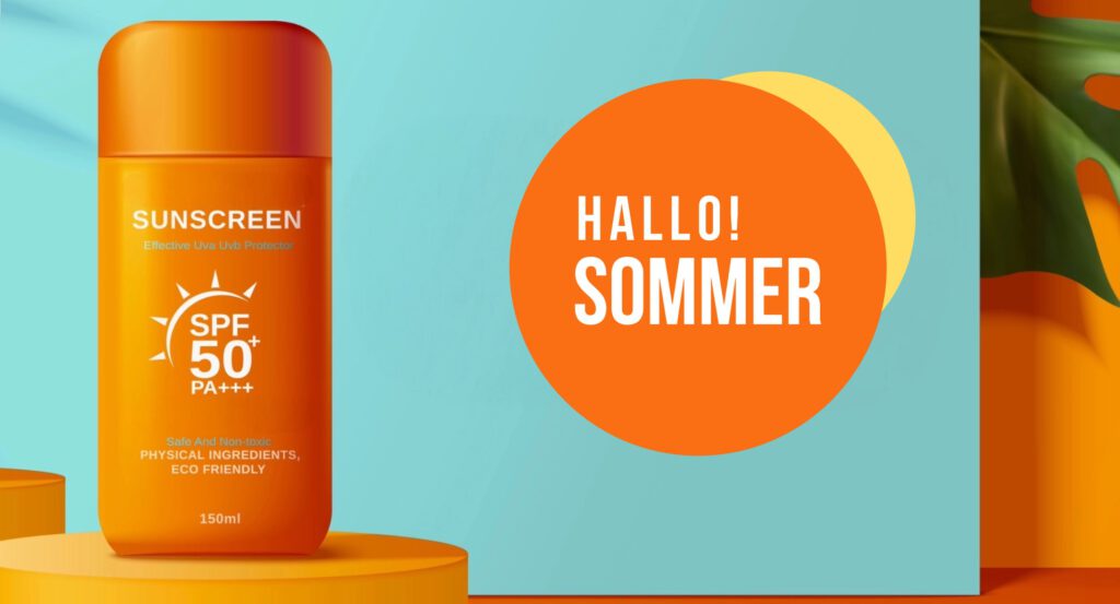 Werbemittel Sommer 2025: Sonnencreme-Dose mit Logo & auffälliger „Hallo Sommer“-Grafik – ideal für Events, Promotion & Kundenbindung.