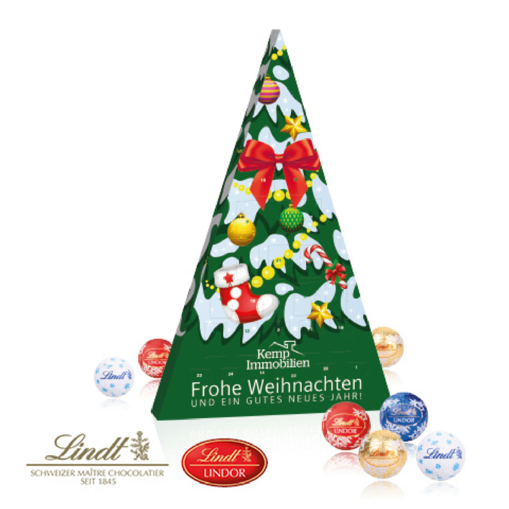 Vorweihnachtlicher Eyecatcher! Auffälliger Adventskalender in erstklassiger Qualität. Mit der zartschmelzenden Schokolade von Lindt verwöhnen Sie Ihre Kunden und Kundinnen 24 Tage lang.