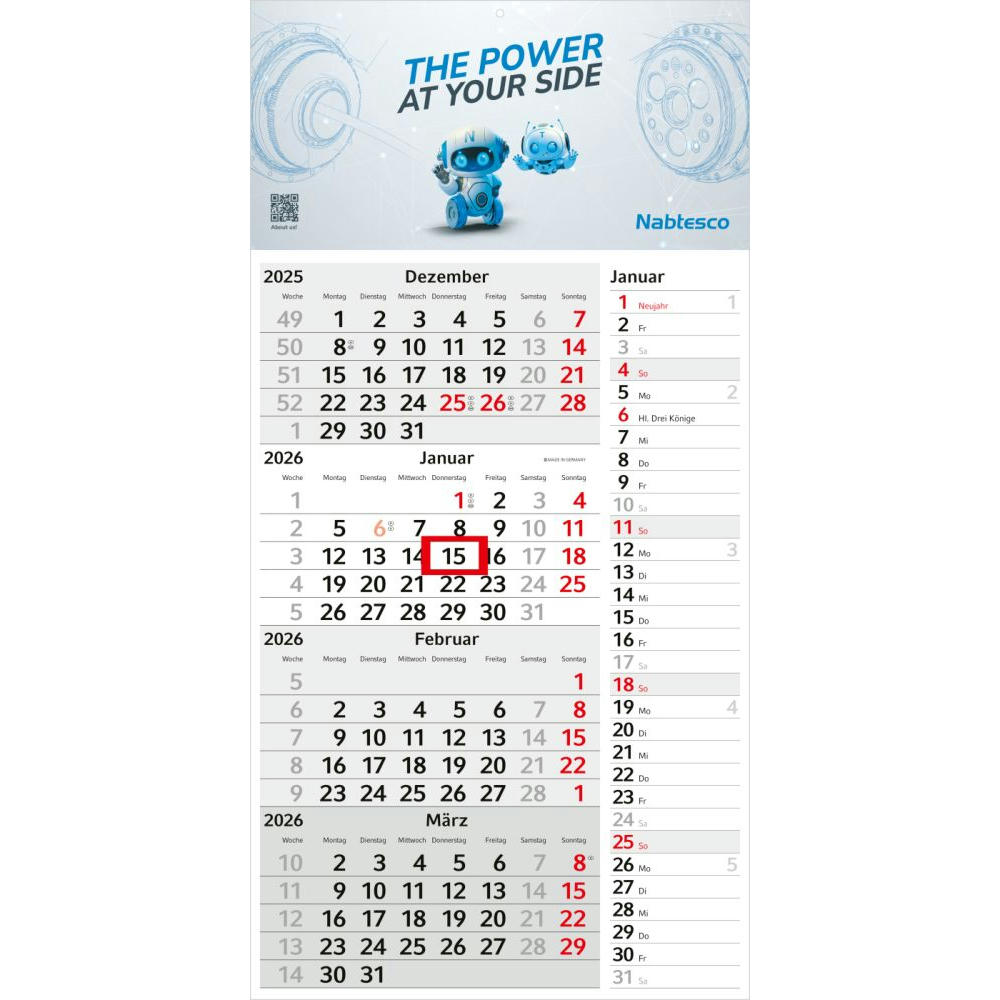 Der Konzept 4-Post-Bestseller ist die ideale Lösung für Unternehmen, die Übersicht und Flexibilität in einem Werbekalender suchen. Mit einem einsprachigen 4-Monatskalendarium und einem zusätzlichen Streifenkalendarium für Eintragungen bietet er optimale Planungsmöglichkeiten.