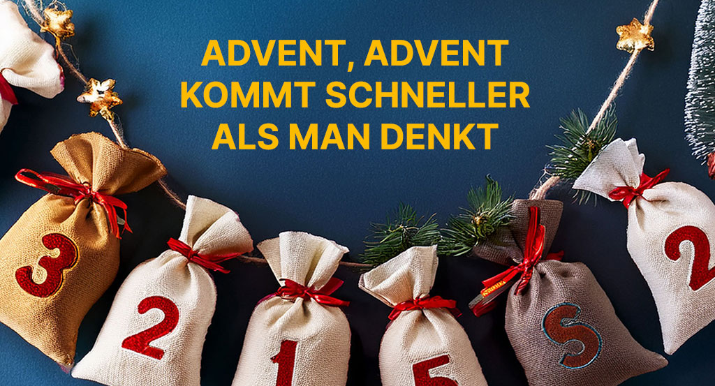 Werbemittel Advent und Weihnachten 2025: Das Titelbild zeigt kleine Säckchen eines Adventskalenders mit der Titelüberschrift 'Advent, Advent, kommt schneller als man denkt und dient als Headliner für die Werbemittel zu Weihnachten 2025 vom RGP WerbemittelTeam aus Berlin