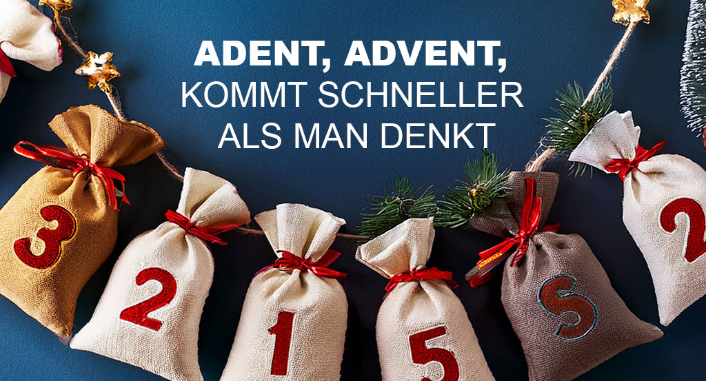 Werbemittel Advent und Weihnachten 2025: Das Titelbild zeigt kleine Säckchen eines Adventskalenders mit der Titelüberschrift 'Advent, Advent, kommt schneller als man denkt und dient als Headliner für die Werbemittel zu Weihnachten 2025 vom RGP WerbemittelTeam aus Berlin