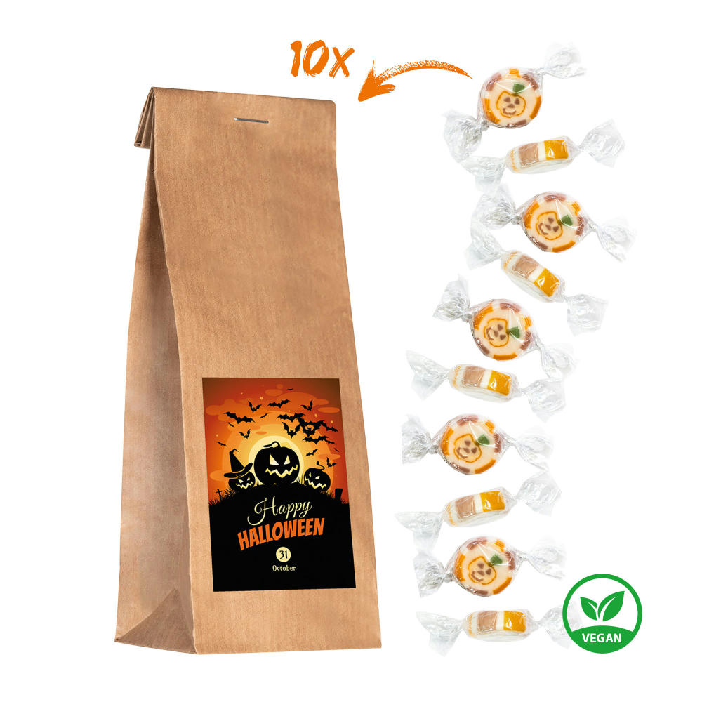 1 Paper Bag mit Standard-Aufkleber "Happy Halloween" gefüllt mit 10 einzeln gewickelten, handgemachten Rock-Hartkaramell-Bonbons "Pumpkin" je 5 g (vegan, vegetarisch & glutenfrei).