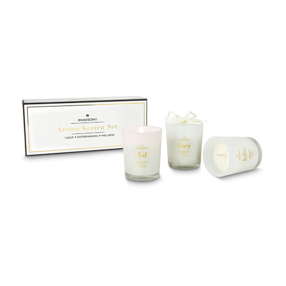 Das Aromakerzen-Set besteht aus 3 angenehm nach Vanille duftenden Kerzen. Die mit Schleife versehenen Duftkerzen (je ca. 60 g) kommen in einem weißen Glas mit goldenem Druck.