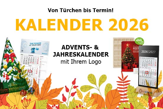 Das herbstliche Vorschaubild zu den aktuellen Jahreskalendern und Adventskalendern 2026 von Werbemitteln von RGP-team Werbemittel mit schönen und bunten grafischen Blättermotiven, passend zum Herbst newsletter