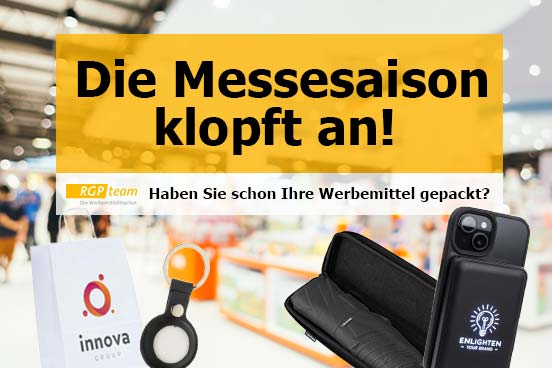 Das Vorschaubild zu dem Blog-Beitrag der aktuellen Werbemittel für die anstehende Messesaison 2026 von RGP-team Werbemittel mit großem Text 'Die Messesaison klopft an' sowie eine Vorschau der neuesten technik-Werbemittel für Kunden und Firmen