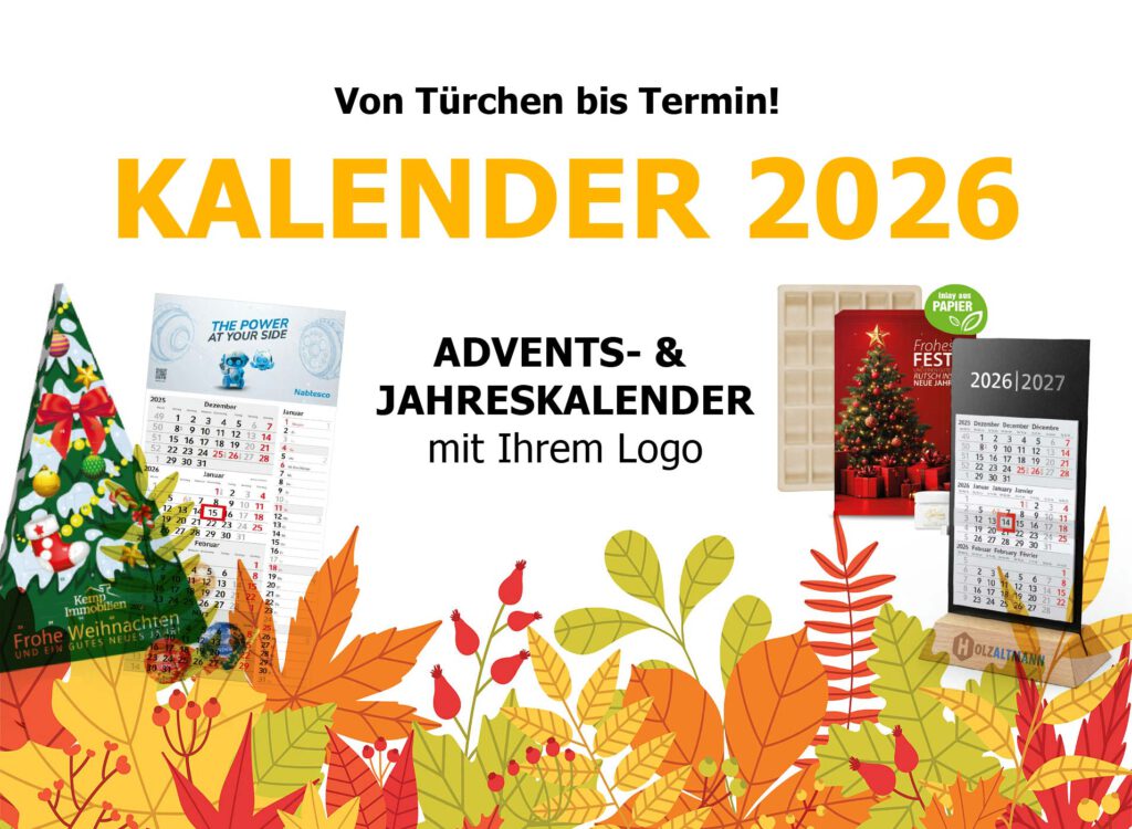 Das herbstliche Titelbild zu den aktuellen Jahreskalendern und Adventskalendern 2026 von Werbemitteln von RGP-team Werbemittel mit schönen und bunten grafischen Blättermotiven, passend zum Herbst newsletter
